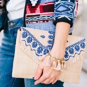 Stella and Dot Embroidered Indigo Straw Clutch